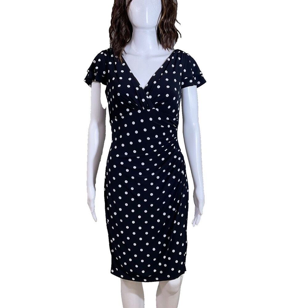 LAUREN by Ralph Lauren midi dress petite 6P Black White Polka Dot Ruched Jersey